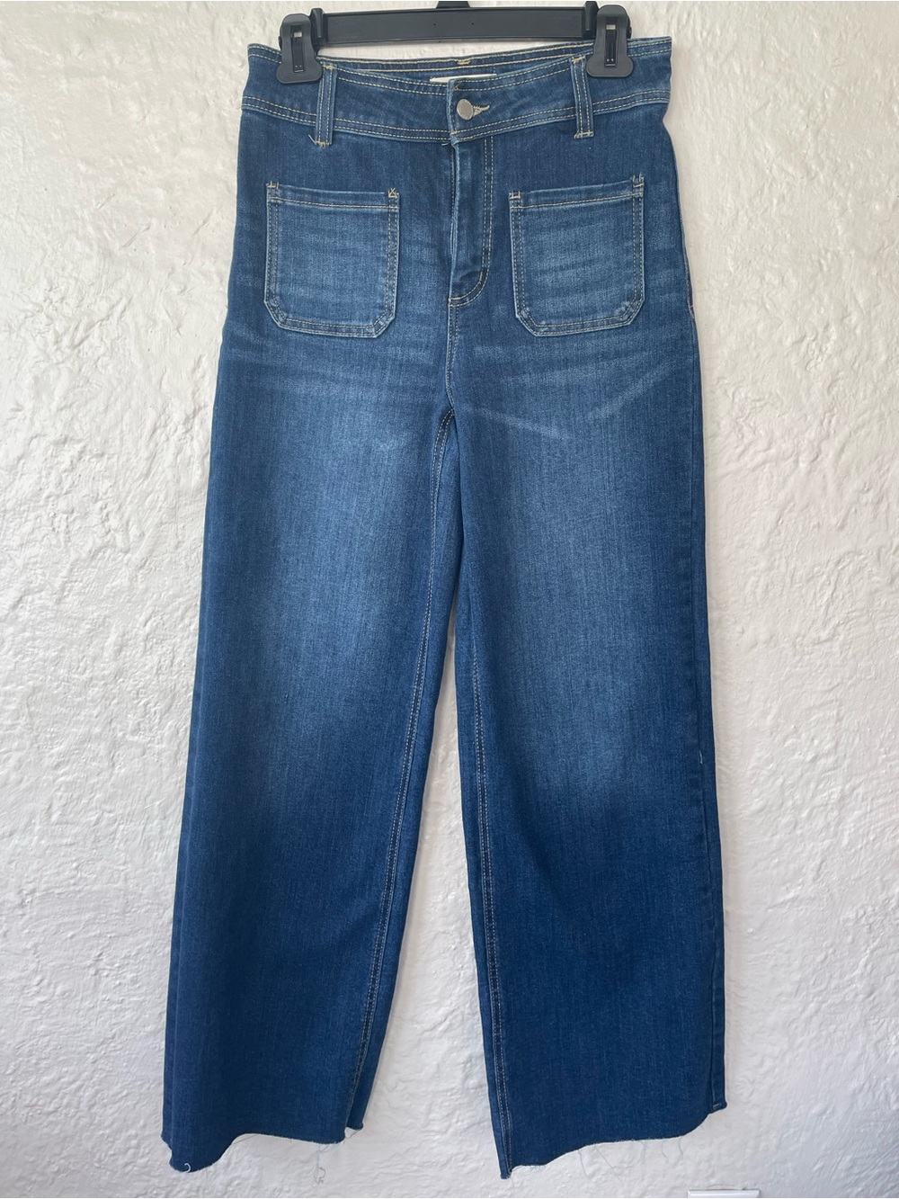 Oat dark wash high waisted wide leg distressed hem jeans, front pockets: 2